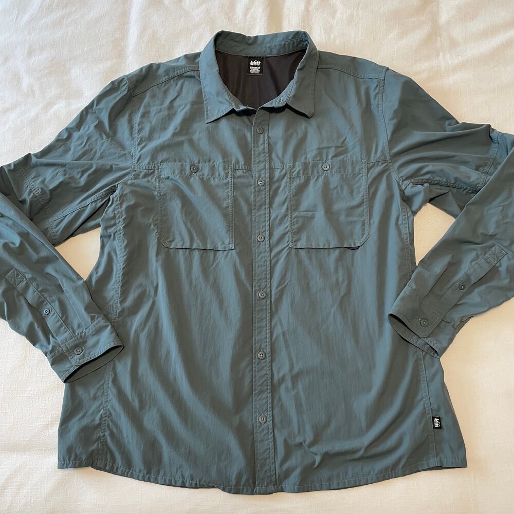 REI Co-op Men's XXL Tall Lightweight Long Sleeve Nylon Button Up Blue Green